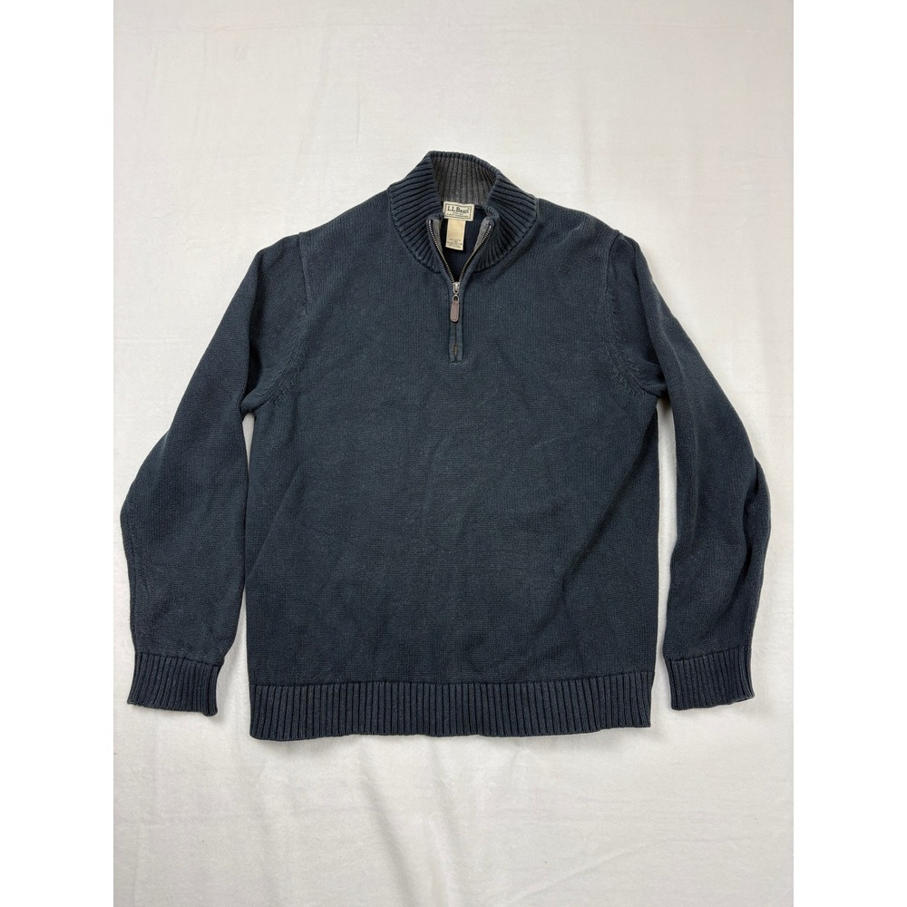 LL Bean Mens Large Quarter Zip Cotton Sweater Navy Blue Ribbed Pullover N2